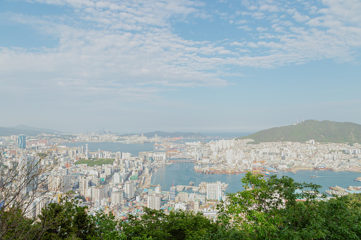 Panoramic view of Busan harbor city, Nampodong and Yeongdo in Busan, Korea