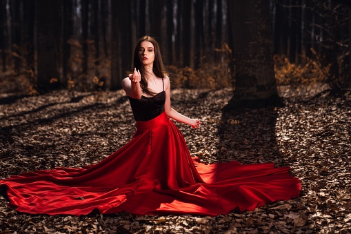 A beautiful young female in a red dress posing in an autumn forest