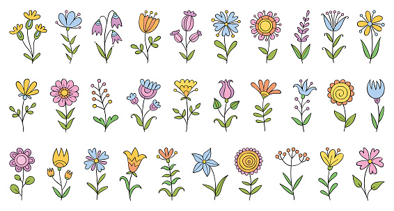 Set of hand drawn decorative flowers. Doodle design elements.