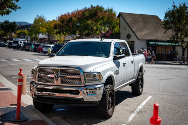 Berlin, Germany - 12 January, 2020: RAM 1500 Rebel stopped on a road. RAM is one of the most popular pickup vehicles in North America.