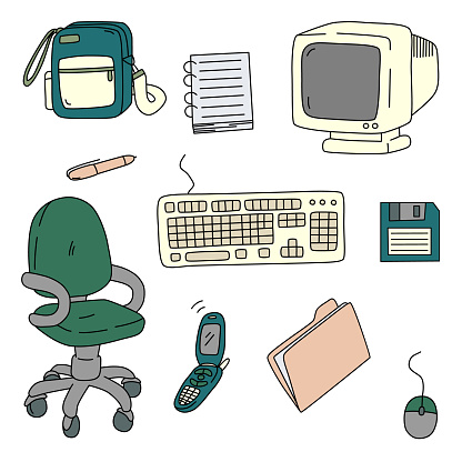 A set of vector illustrations in cartoon style. Workplace, home office. Retro items for work