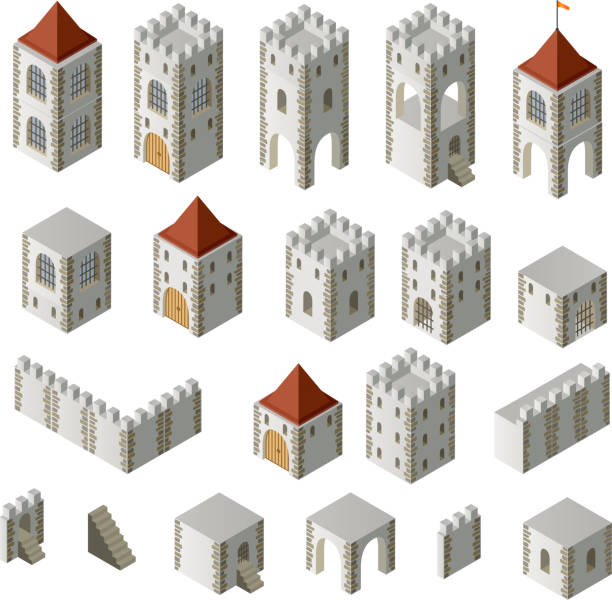 Pieces of a medieval castle set out like building blocks A set of isometric medieval buildings on a white background fortified wall stock illustrations