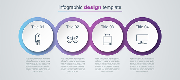 Set line USB flash drive, Comedy and tragedy masks, Retro tv and Smart Tv. Business infographic template. Vector.