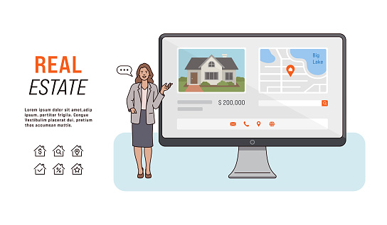 Illustration of a real estate agent using computer to show houses for sale. Online shopping for new home. Real estate website concept.