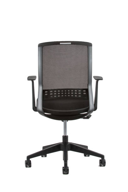 istock Vertical rear view of black office chair isolated on white background 1479073733