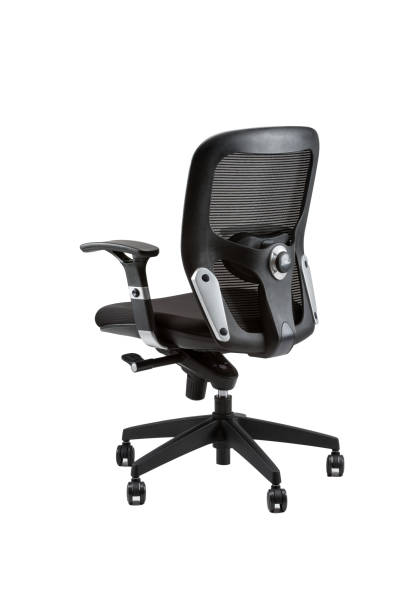 istock Vertical partial rear view of black office chair isolated on white background 1479073758
