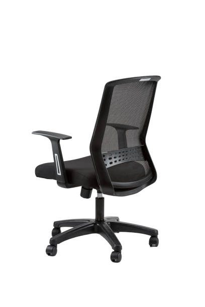 istock Vertical partial rear view of black office chair isolated on white background 1479073773
