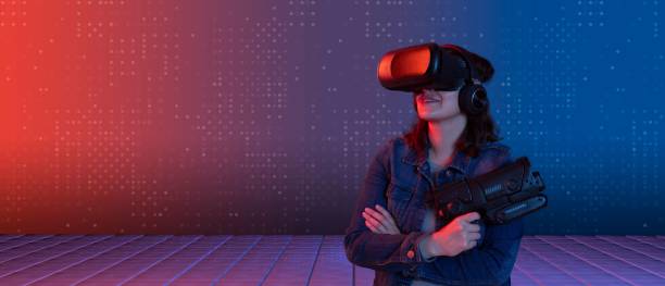 istock Latin woman smiling with virtual reality glasses looking up 1479074693
