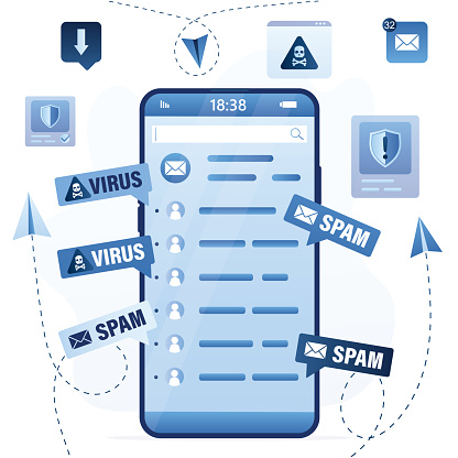 Modern mobile phone with mail application. Mailing advertising, phishing, spreading malware irrelevant unsolicited spam messages. Malware spreading, hacker attack, cyber security concept. Flat vector