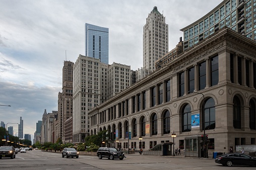 Chicago, United States – August 11, 2022: An aerial view of the Chicago Cultural Center on a cloudy day