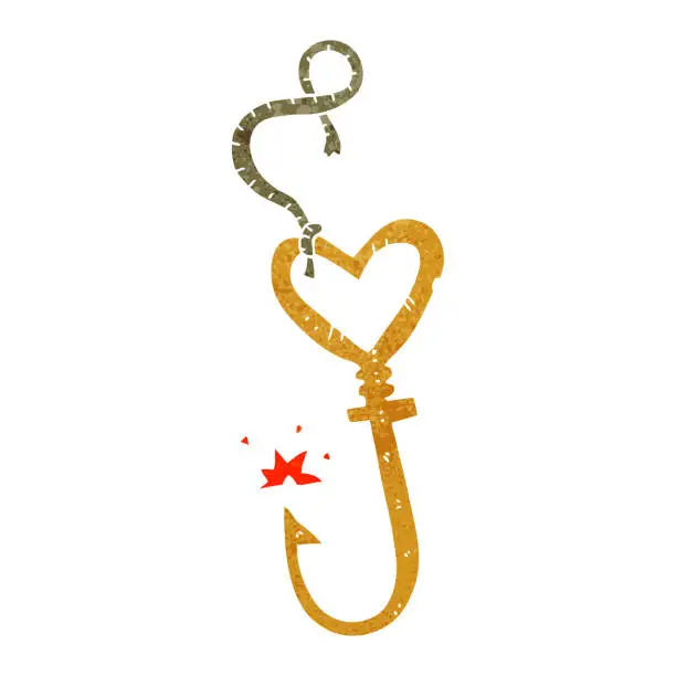 Vector illustration of freehand retro cartoon love heart fish hook