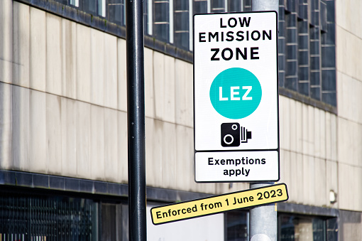 Low emission zone sign in city centre of Glasgow being enforced for all vehicles UK
