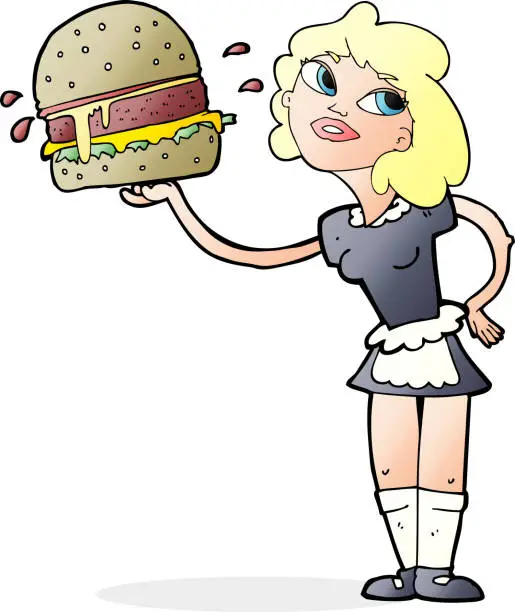 Vector illustration of cartoon waitress serving burger
