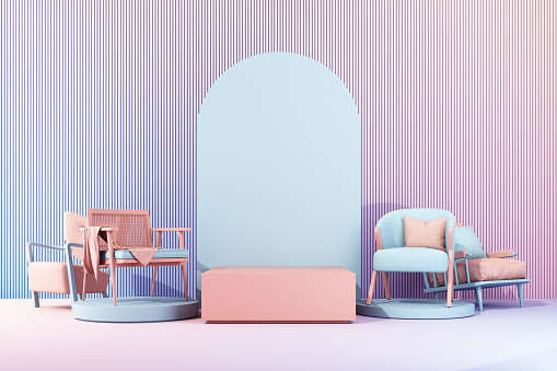 interior design concept of home decorations and furniture During promotions and discounts, surrounded by chair, sofa, armchair and advertising spaces. Pastel rainbow colored background. 3d render