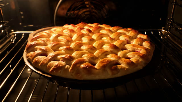 Tasty pie in oven. Homemade pie baked. Baking concept. Pie rising up in oven.