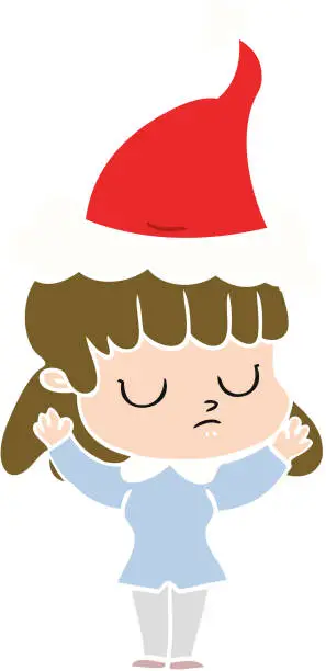 Vector illustration of hand drawn flat color illustration of a indifferent woman wearing santa hat