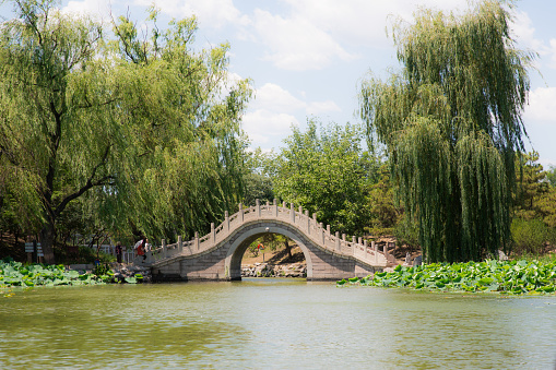A stone bridge over a lake in Yuanmingyuan park
