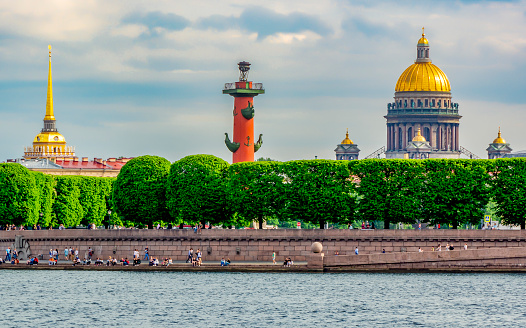 Saint Petersburg cityscape with St. Isaac's cathedral, Rostral column and Admiralty building, Russia