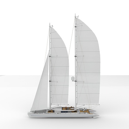 White sailboat 3d rendering, 3 large sails