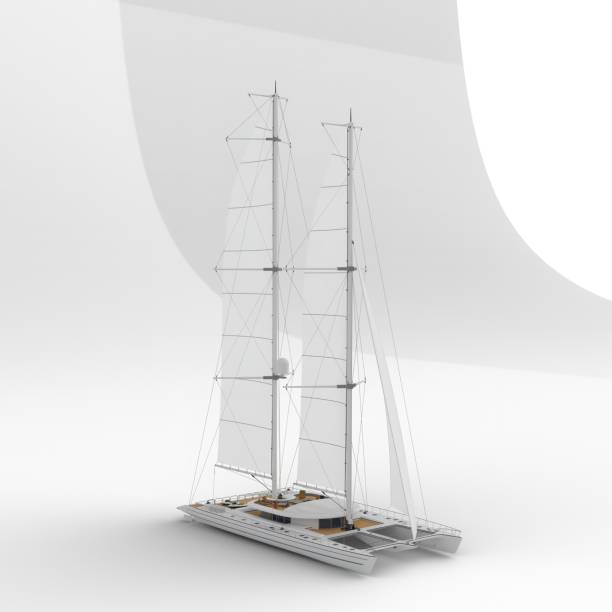 la piccola barca a vela ha un ponte e un veliero, rendering 3d - sailcloth foto e immagini stock