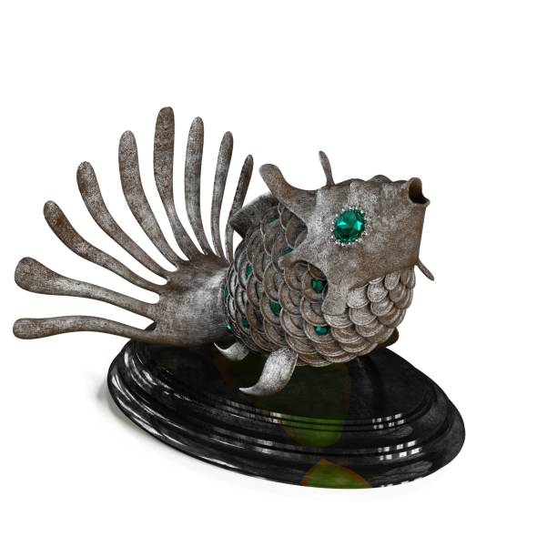 istock Sculpture of a fish with green eyes, 3d rendering 1479086974