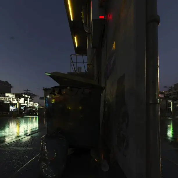 View of night city street with rain drops, 3D rendering