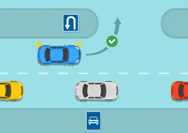 Vector illustration of Traffic regulating rules and tips. Safety car driving. Blue sedan car is about to turn left on motorway. U-turn road sign.