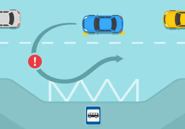 Vector illustration of Traffic regulating rules and tips. Safety car driving. Blue sedan car is about to make a u-turn on city road. No u-turns near bus stop.