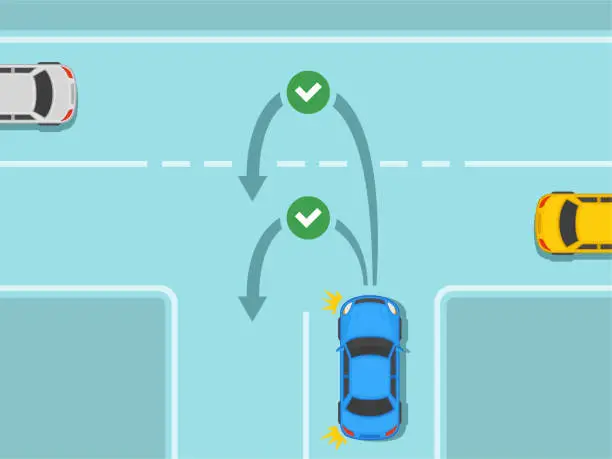 Vector illustration of Traffic regulating rules and tips. Safety car driving. Blue sedan car is about to make a u-turn on a three way junction. Permitted types of u-turn.