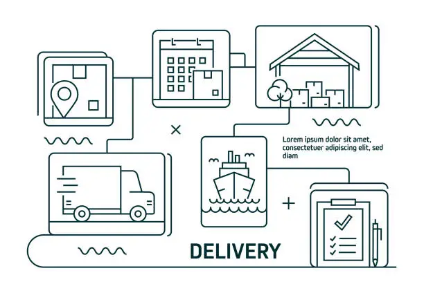 Vector illustration of Delivery Line icons. Modern graphic desing. Vector line icons. Ready-to-use desing for banner, book, brochure, web. Package , Insurance , Box - Container , Shipping , Return , Truck