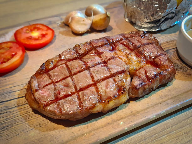 Close up Steak set serve with side dish in restuarant. stock photo