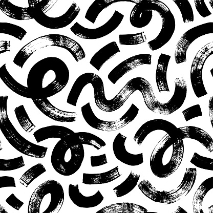 Brush drawn thick curved lines seamless pattern. Brushstrokes, smears, curly lines and squiggle ornament. Abstract monochrome organic background. Vector hand drawn chaotic swirls.