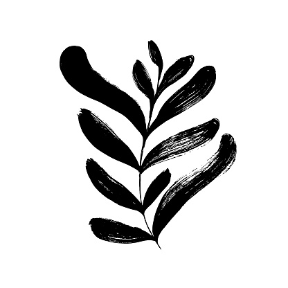 Abstract brush drawn frond or branch isolated on white background. Vector Fauvist style tropical branch. Naive hand drawn leaf black ink illustration. Contemporary organic plant shape.
