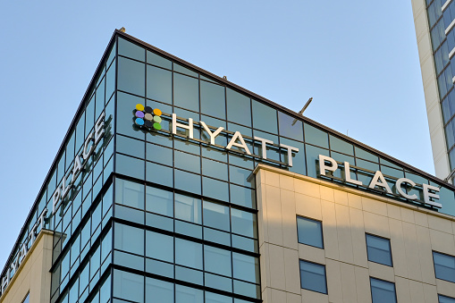 Austin, Texas, USA - February 2023: Sign on the top of the Hyatt Place hotel in the city centre