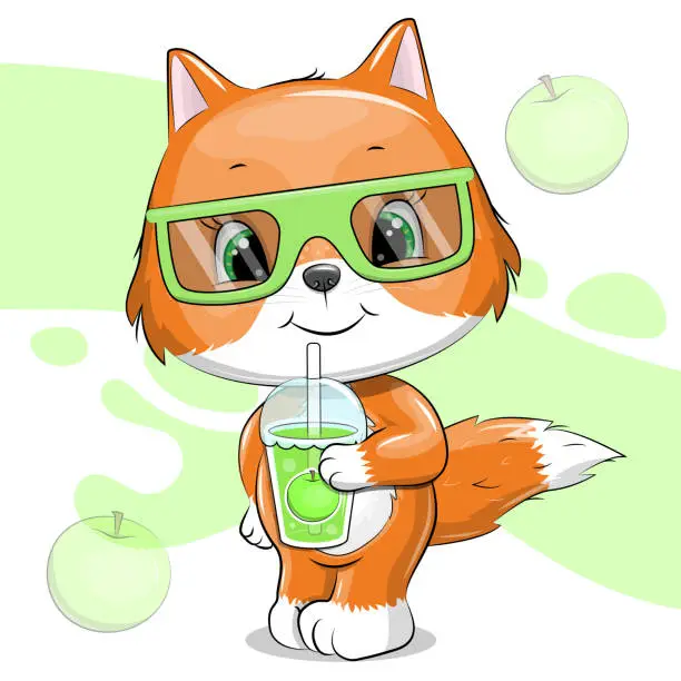 Vector illustration of Cute cartoon red fox with glasses and apple juice.