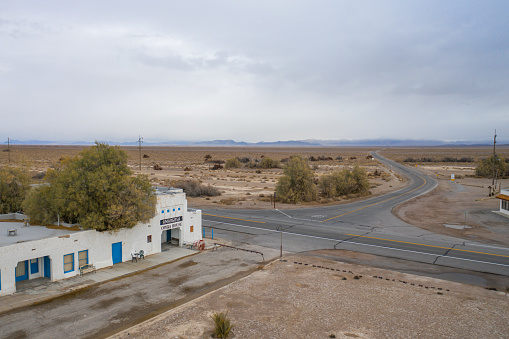 Death Valley Junction, California, United States – January 20, 2021: Marta Becket's Amargosa Opera House, a unique tourist attraction, occupies the highway intersection in Death Valley Junction.