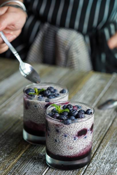 istock Healthy and delicious breakfast cups of blueberry chia pudding 1479103452