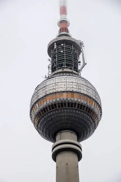 A vertical low angle shot of Berlin TV tower