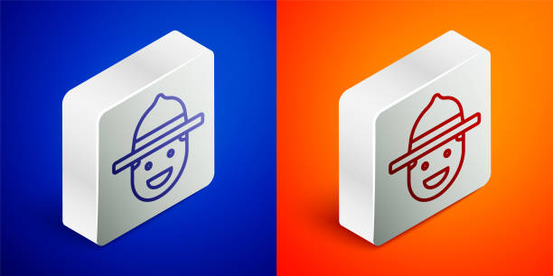 Isometric line Canadian ranger hat uniform icon isolated on blue and orange background. Silver square button. Vector Isometric line Canadian ranger hat uniform icon isolated on blue and orange background. Silver square button. Vector. rcmp stock illustrations