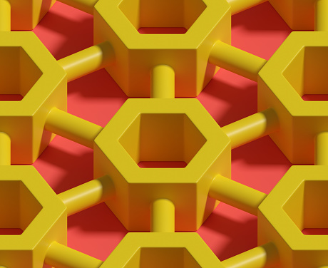 Hexagonal prisms interconnected by pipes seamless pattern. Isometric background. 3d illustration.