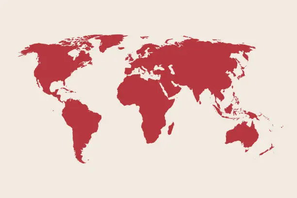 Vector illustration of Vector world red map isolated on beige background. Detailed world atlas