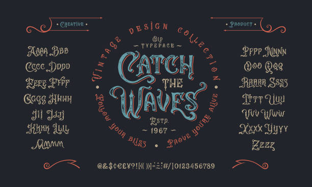 ilustrações de stock, clip art, desenhos animados e ícones de vector font catch the waves. letters and numbers - gothic style letterpress alphabet typescript