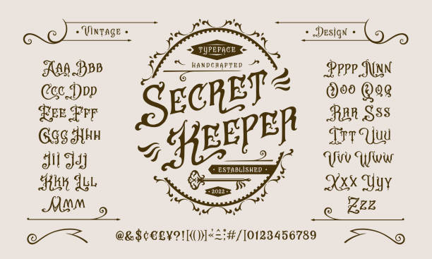 Vector font Secret Keeper. Letters and numbers Font Secret Keeper. Craft retro vintage typeface design. Graphic display alphabet. Fantasy type letters. Latin characters, numbers. Vector illustration. Old badge, label, logo template. fairy tale font stock illustrations