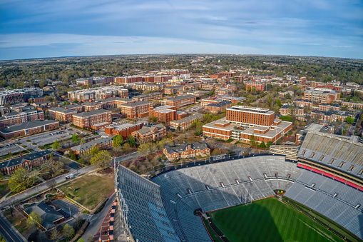 Columbia, Missouri, USA - August 27, 2018: The University of Missouri campus at Francis Quadrangle during blue hour. The columns date to 1840, and were originally part of Academic Hall which was lost to a fire in 1892.