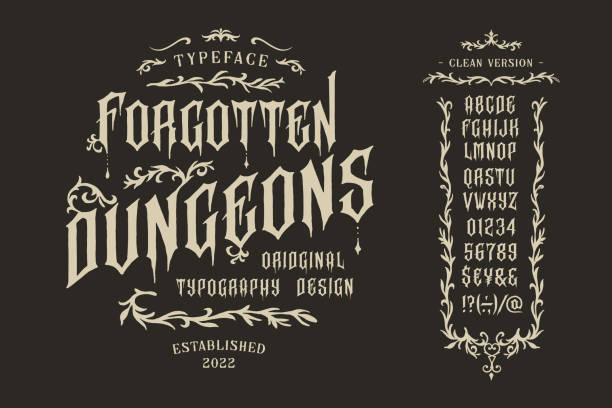 ilustrações de stock, clip art, desenhos animados e ícones de vector vintage font dungeon. letters and numbers - gothic style