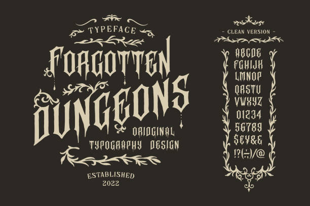 Vector vintage font Dungeon. Letters and numbers Font Dungeon. Vintage typeface design. Graphic display alphabet. Fantasy type letters. Latin characters, numbers, accent marks. Vector illustration. Old badge, label, logo template. fairy tale font stock illustrations