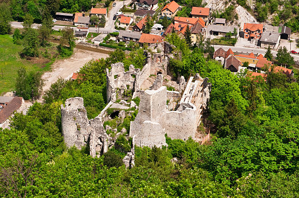 istock Medieval castle ruins in green forest. Aerial view 147911199