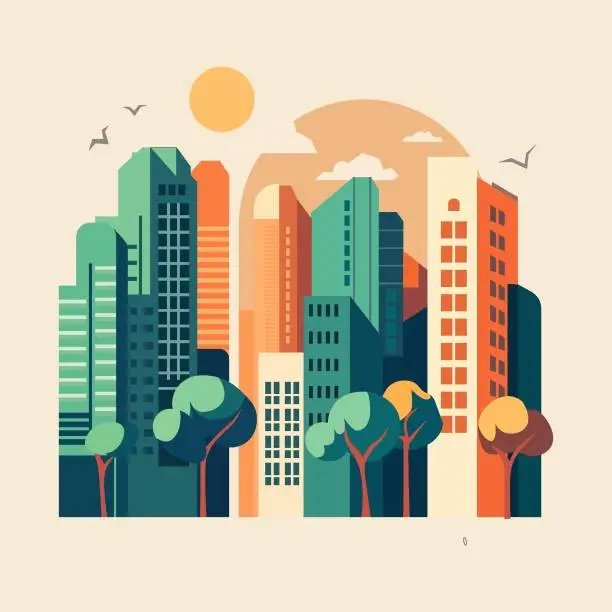 Vector illustration of Vector illustration in simple minimalistic geometric flat style - cityscape with buildings and trees.