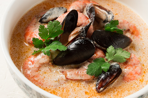 Seafood, shrimp and mussels, in creamy garlic sauce, homemade, no people,