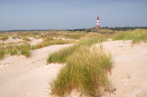 A mesmerizing view of the sand dunes of Amrum with the lighthouse in North Frisia, Germany